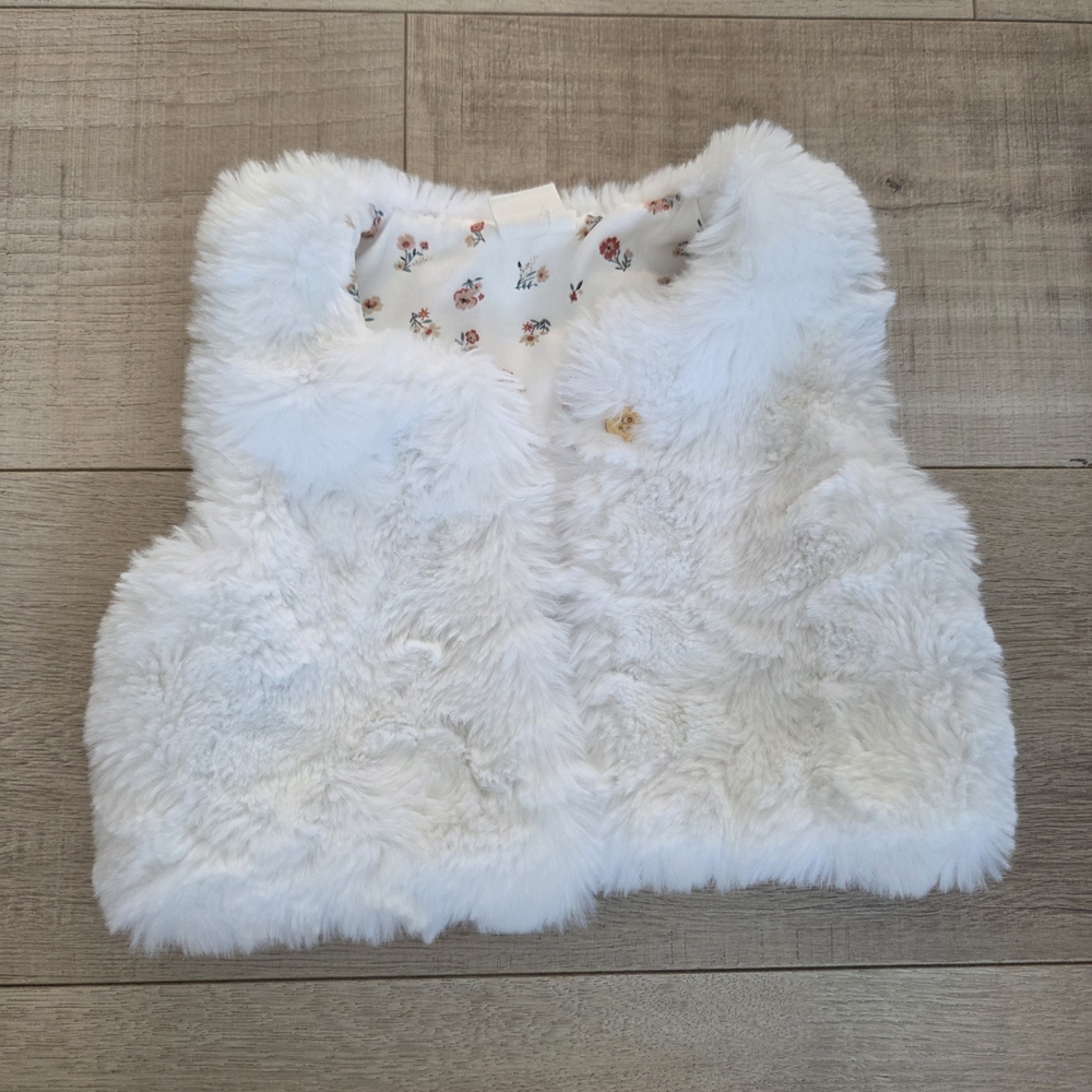 H&M White Faux Fur Baby Jacket with Pink & Peach Floral Lining